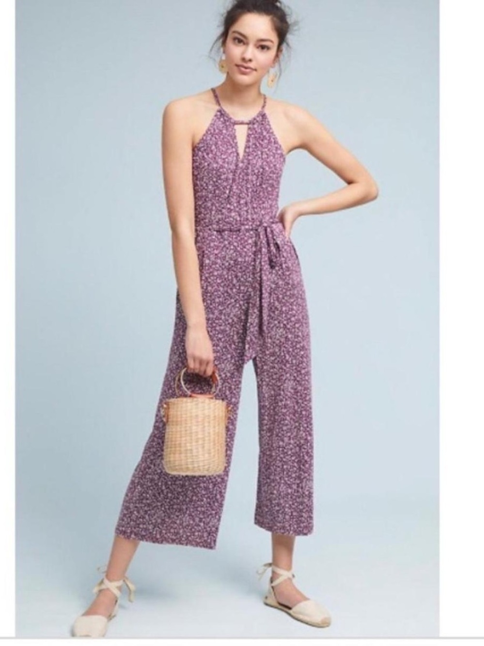 Anthropologie Mauve Floral Halter Keyhole Jumpsuit